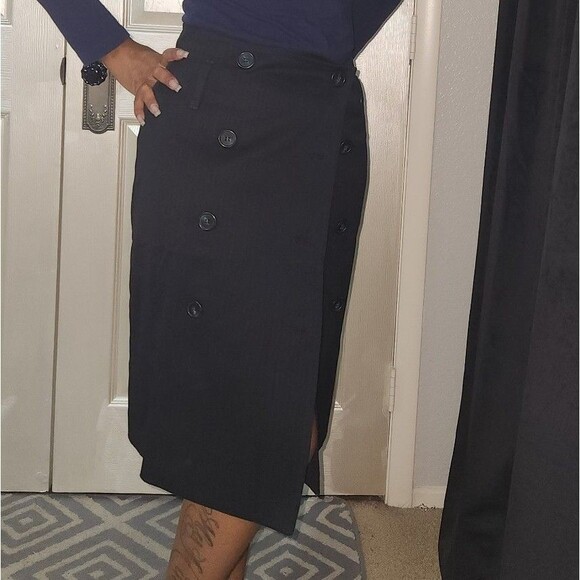 United Colors Of Benetton Dresses & Skirts - Navy Blue Striped Buttoned Wrap Midi Skirt